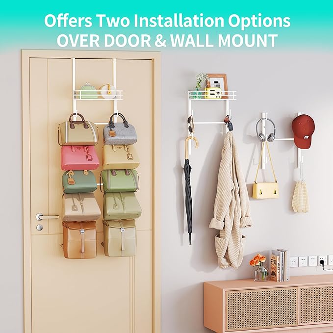 HapiRm Over The Door Purse Organizer - Wall Mounted Purse Rack with 10 Hooks and Metal Basket, Hanging Handbag Organizer Holds up to 10 Bags, Bag Rack Can Use As 1/2 Part, for Door, Closet (White)