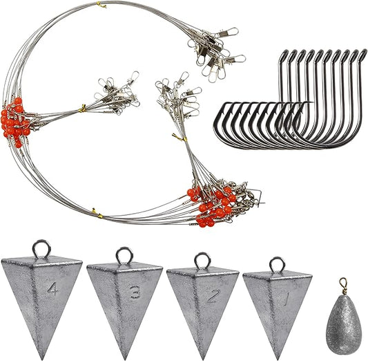 Saltwater Surf Fishing Tackle Kit - Saltwater Surf Fishing Rigs Bottom Rigs Include Fishing Leader Rigs Pyramid Sinkers Bass Casting Sinker Circle Hooks for Striped Bass Red Drum Flounder