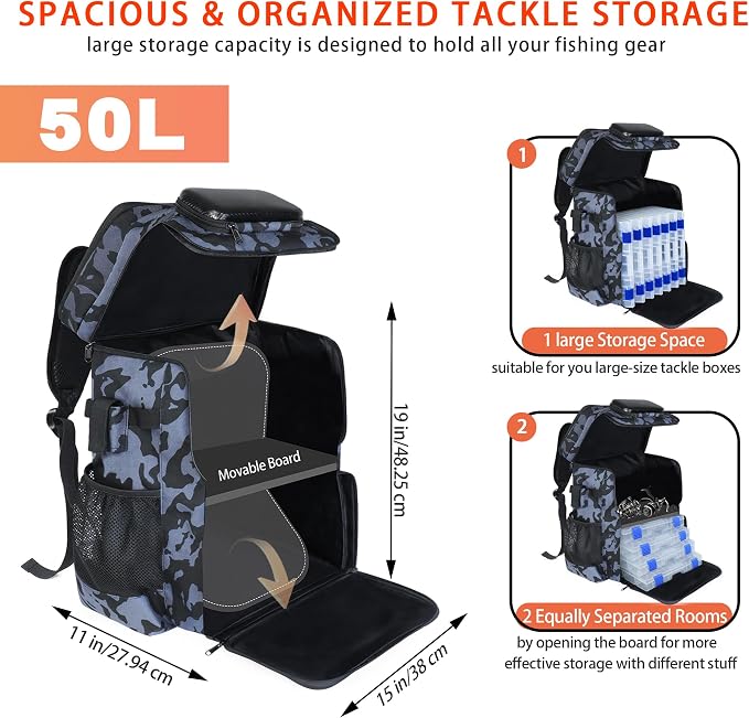 Fishing Backpack with Rod Holder and Tackle Boxes, Cooler, Large 50L Fishing Gear Bag with 139 Fishing Lures Kit, Fish Tool Set, Fish Gifts for Men Woman-Grey Backpack