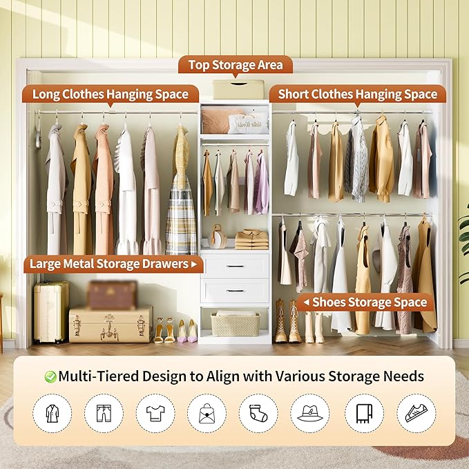 79"H Closet System, 2-8.2FT Metal Closet Organizer with 4 Expandable Hanging Rods, Walk In Closet Organizers and Storage, Clothes Closet with 5 Hanging Zones, 2 Drawers, 2 Shelving Towers