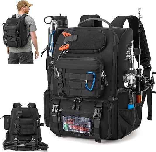 RAINSMORE Fishing Backpack with Rod Holders & Cooler 40L Water Resistant Tackle Backpack with Rain Cover Store Fishing Gear