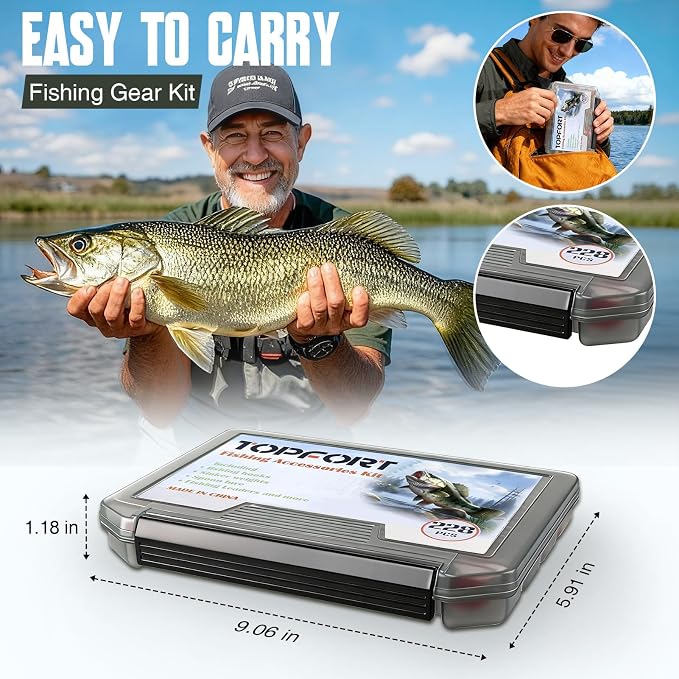 TOPFORT 187/343pcs Fishing Accessories Kit, Organized Fishing Tackle Box with Tackle Included, Fishing Hooks, Fishing Weights Sinkers, Fishing Gear and Equipment, Fishing Gift for Men