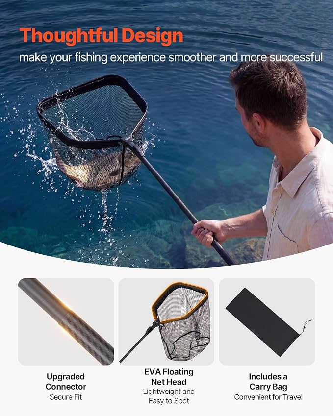 VEVOR Fishing Net, Landing Nets with Telescopic Handle Lightweight and Stronger Fish Gear, Durable and Fish-Friendly, for Kayak, Boat, Bank, Pond