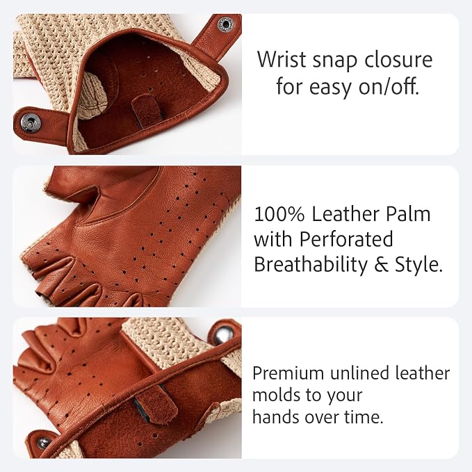 Fingerless Driving Gloves for Men– Soft Lambskin Leather, Crochet String Back