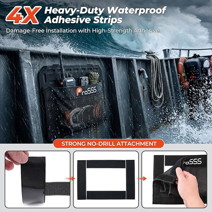 2PC Boat 10"*7" Self-Adhesive Storage Mesh Bag,Marine Organizer for Tools & Boat Accessories,Waterproof Strong Adhesive Backing, Easy to Install & Remove,Keep Your Boat Tidy and Items Secure