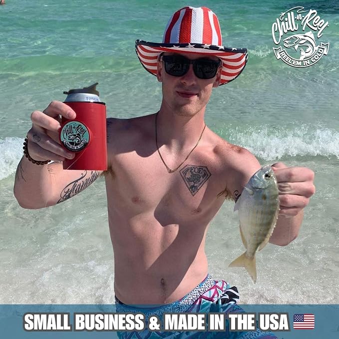 Made in USA | Beer Can Fishing Coolie | Hard Shell Drink Holder with Hand Line Reel | Holds Most Can Sleeves or Coozies | Unique Fishing Gift for Men | Retail Box Packaging | Crimson