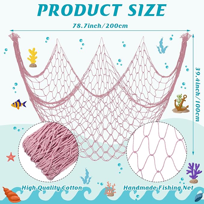 12 Pack Decorative Fish Netting for Party 80 x 40 Inch Natural Cotton Fish Net Decorations for Pirate Ocean Under The Sea Hawaiian Mermaid Party Picture Wall Hanging Decoration(Pink)