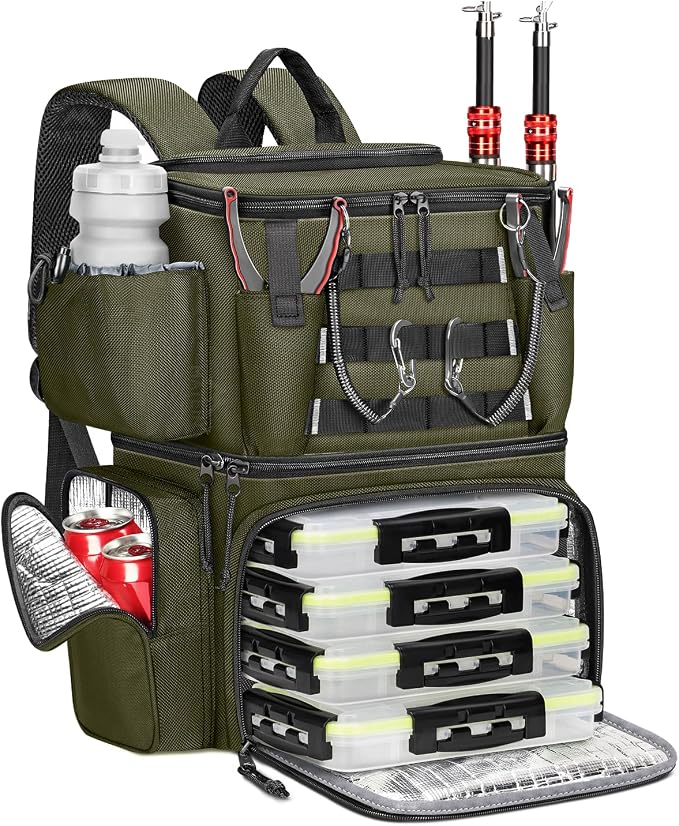 MATEIN Fishing Backpack with 4 Tackle Boxes, Fishing Bag with Rod Holder & Safety Compass & Cooler, Gifts for Fishermen