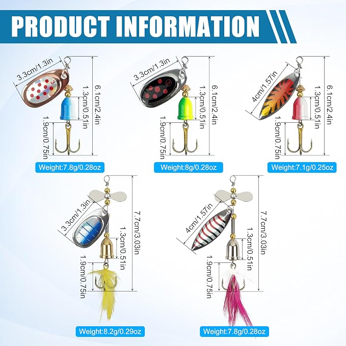 Fishing Lures Spinnerbait Kit Rooster Bait Tail Fishing Lures Inline Spinner Baits Bass Salmon Trout Spoon Hard Metal Spinnerbaits for Saltwater Freshwater