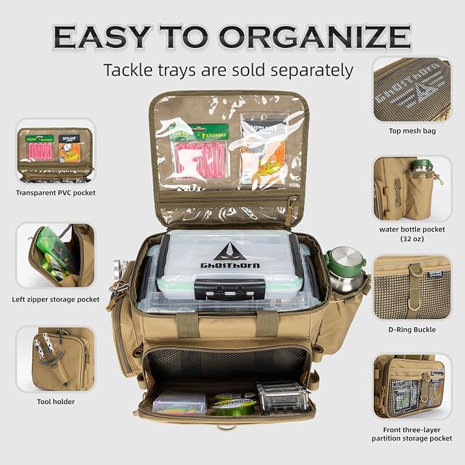 Ghosthorn Fishing Tackle Bag with Rod Holder Saltwater & Freshwater Resistant Large Tackle Box Bag - Waterproof Base, Adjustable Padded Shoulder Strap (Khaki)
