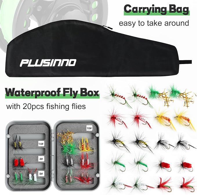 PLUSINNO Fly Fishing Rod and Reel Combo, 4 Piece Lightweight Ultra-Portable Graphite Fly Rod 5/6 Complete Starter Package with Carrier Bag