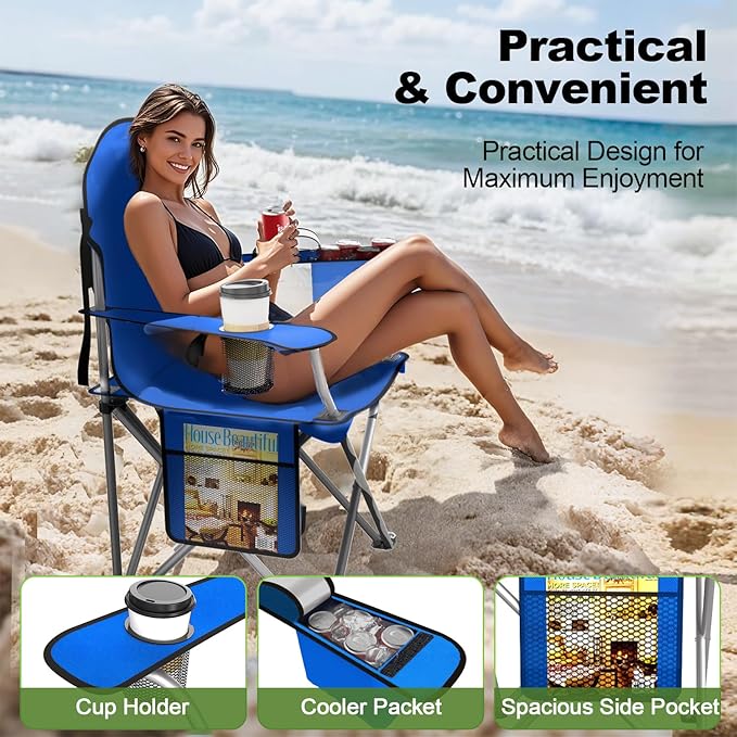 VTOY Folding Camping Chairs Durable 600D Oxford, Portable Outdoor Chair with Cooler Pouch, Cup Holder & Storage Pocket for Camping, Beach, Fishing