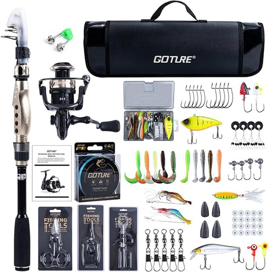 GOTURE Telescopic Fishing Rod and Reel Combos, Carbon Fiber Travel Fishing Pole, 9+1 BB Spinning Reel, Saltwater Freshwater Fishing Gear Kit with Braided Line, Lures, Carrier Bag for Bass Trout