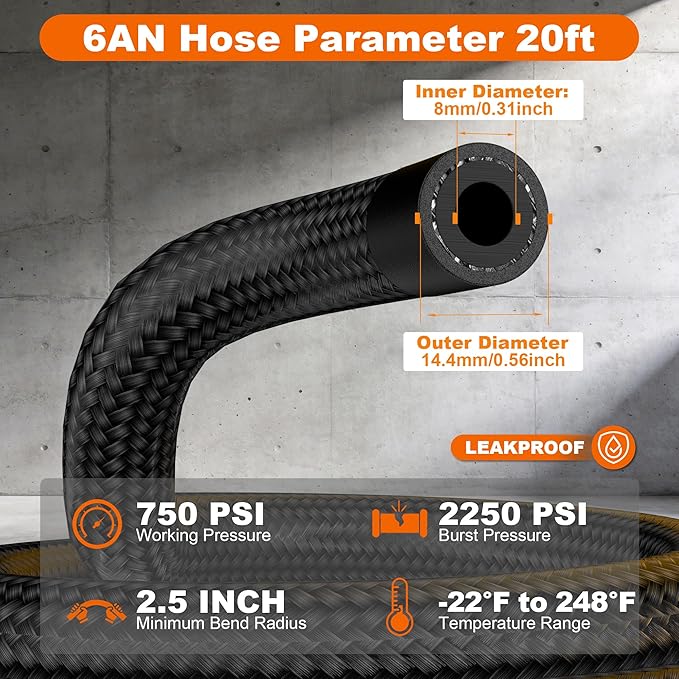 6AN CPE Fuel Line Kit, AN6 Nylon Braided Fuel Hose with Hose Fittings, AN 6 Fuel Line Hose Black 20ft