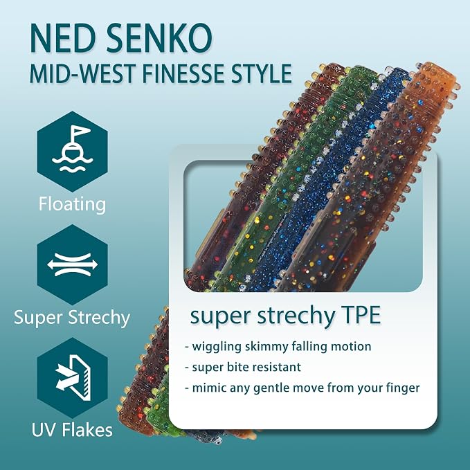 Senko Worms for Bass Fishing, Wacky Worms, Reaction Lure, Soft Plastic Bait for Ned rig, Fishing Lure Kit for Freshwater Bass