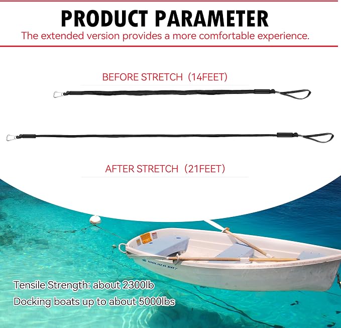Boat Bungee Dock Lines – Adjustable Boat Tie Downs for Pontoon, Jet Ski, PWC, Kayak | Single Hook Small Cruiser Mooring Lines | (1, Black, 14 Feet)