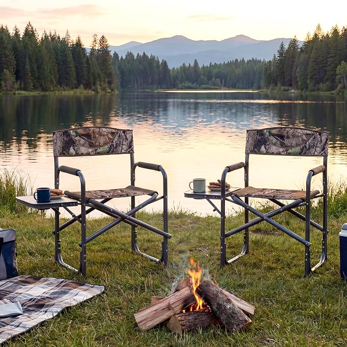 COSTWAY Folding Camping Chair, Lightweight Portable Directors Chair w/Side Table & Cup Holder, Padded Outdoor Heavy Duty Lawn Chair for Fishing, Picnic, Sports, Beach, Max Load 400 lbs (Camouflage,2)
