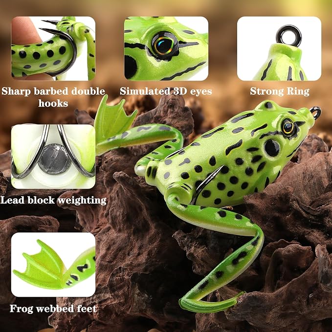 Weedless Topwater Frog Lures - 5PCS Hollow Body Frog Lures for Walleye Fishing, Realistic Soft Plastic Swimbaits with Double Hooks for Freshwater Saltwater, Musky Pike Trout Snakehead