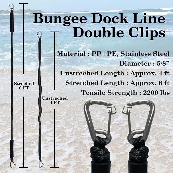 Bungee Boat Dock Line, Boat Rope with Double 316 Stainless Steel Clips Accessories for Bass Boat, Kayak, Pontoon, Watercraft, Waverunner, SeaDoo, Canoe,2Packs,4-6FT,Black