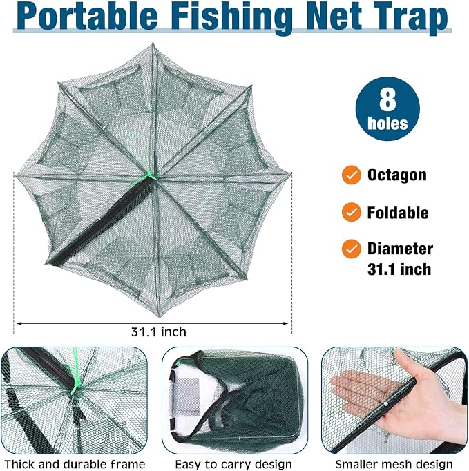 6 Pcs Fishing Net Trap Portable Folded, Crab Trap Minnow Trap, Fishing Landing Net with Telescoping Pole Handle, Casting Net Bait Trap with Heavy Duty Sinker and Storage Bucket