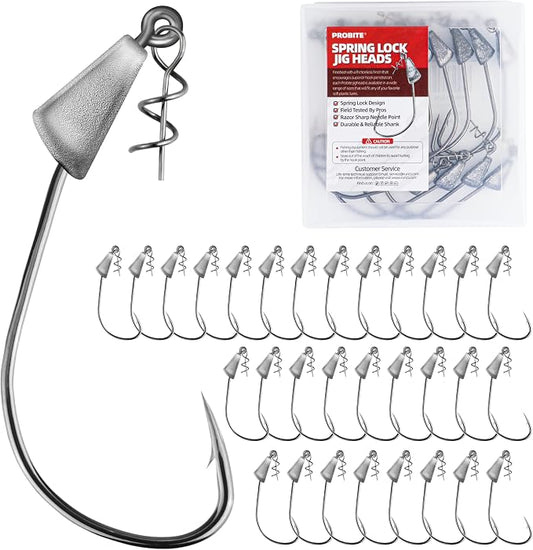 Spring Lock Jig Heads – 30pcs per Box, Weedless Jig Heads for Bass, Trout, Saltwater and Freshwater Fishing, 4 Sizes to Choose