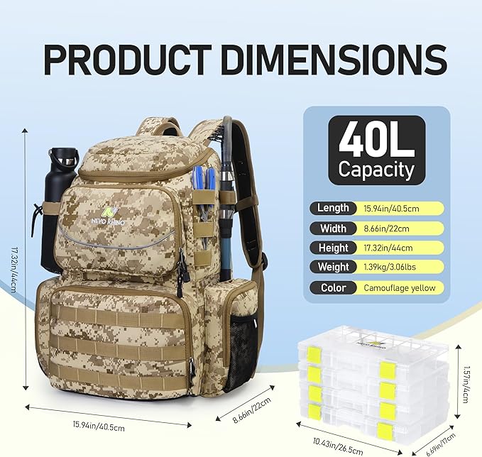 N NEVO RHINO Fishing Tackle Backpack with Rod Holders, 40L Large Fishing Bag with Waterproof Rain Cover,Outdoor Tackle Bag