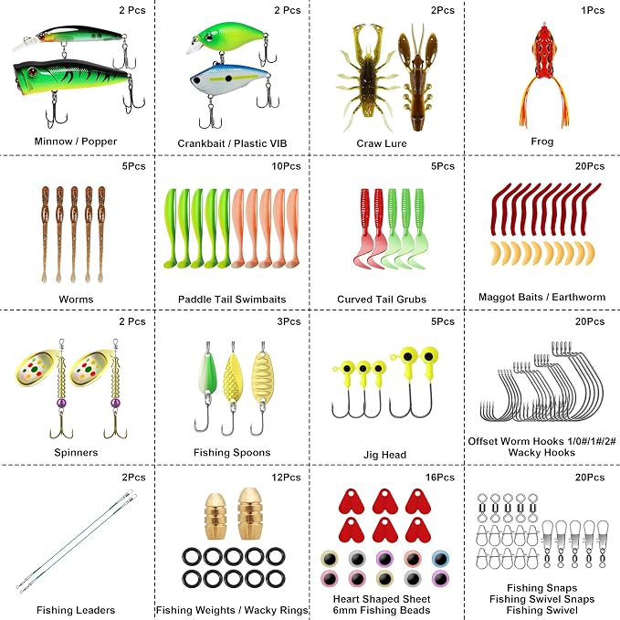 TRUSCEND Complete Fishing Lures - Tackle Box with Tackle Included - Crankbaits, Minnows, Frogs, Vibes, Poppers, Spinners, Spoons, Soft Baits, Hooks & Weights Accessories Kit for Bass Panfish Trout