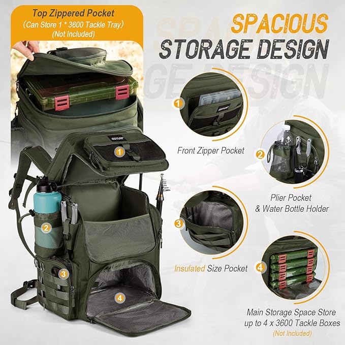 Goture Fishing Backpack, 900D Water-Resistant Tackle Bag with Rod Holders, Insulated Cooler Compartment, 55L Large Capacity Fishing Gear Storage for Saltwater&Freshwater Camping Hiking,Gifts for Men