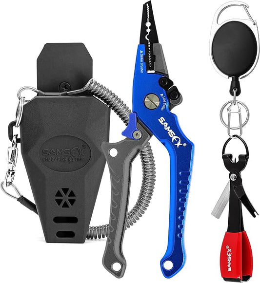 SAMSFX Aluminum Fishing Pliers Hook Remover Braid Line Cutter with Coiled Lanyard, Fly Fishing Knot Tying Tool & Retractors