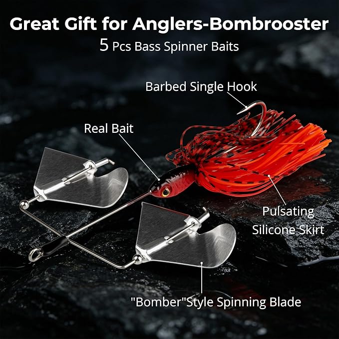 5 Pcs Bass Spinner Baits, Fishing Lures with Skirt, Metal Blade Spinnerbait for Trout, Salmon, Pike, and Predatory Fish