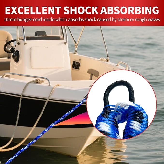 Bungee Dock Line with Stainless Steel Clip – Boat Dock Rope with Foam Float for Kayak, Canoe, Pontoon, Watercraft, SeaDoo, Docking – 4–5.5 ft, 2 Pack（Blue&White）