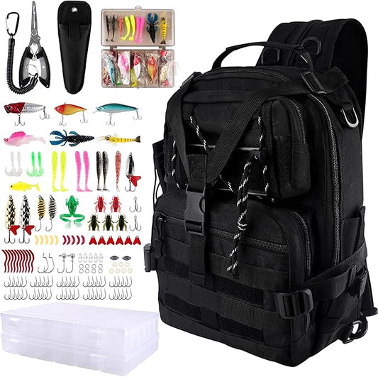 139PCS Tackle Box Backpack,Fishing Backpack with Accessories,Tackle Bag Fishing Tool Kit Fish Pliers Salt Water Fishing Tackle Set for Men Women Gifts (Black)