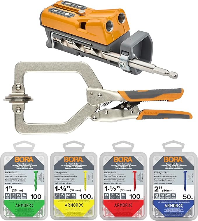 BORA Pro Compact Metal Pocket Hole Jig Kit, 3 inch Face Clamp & 350pc Screw Set Auto Adjust Drill Guide, Durable Pocket Hole Jig for Woodworking & Tight Spaces - For Materials 1/2 in - 1-1/2 in Thick