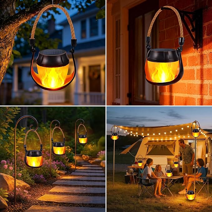 Toodour 2 Pack Hanging Solar Lantern Outdoor - Solar Lantern with Flickering Flame, Waterproof Hanging Lights for Camping, Patio, Deck, Yard, Path, Outdoor Decorations