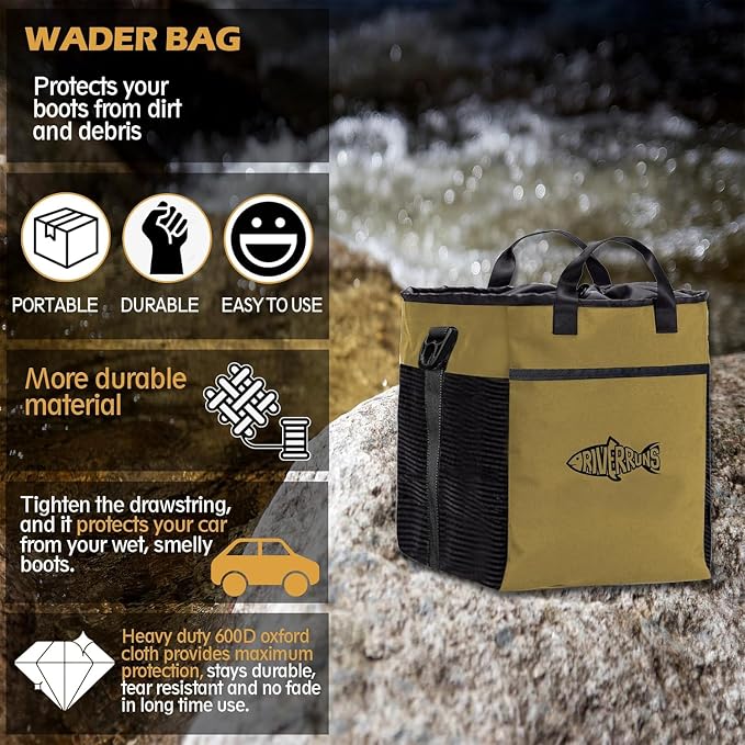 Riverruns Fishing Hunting Wader Bag with Vented Mesh, Waders Boots Bag, Fly Fish Storage Bag for Fishing, Hiking, Camping