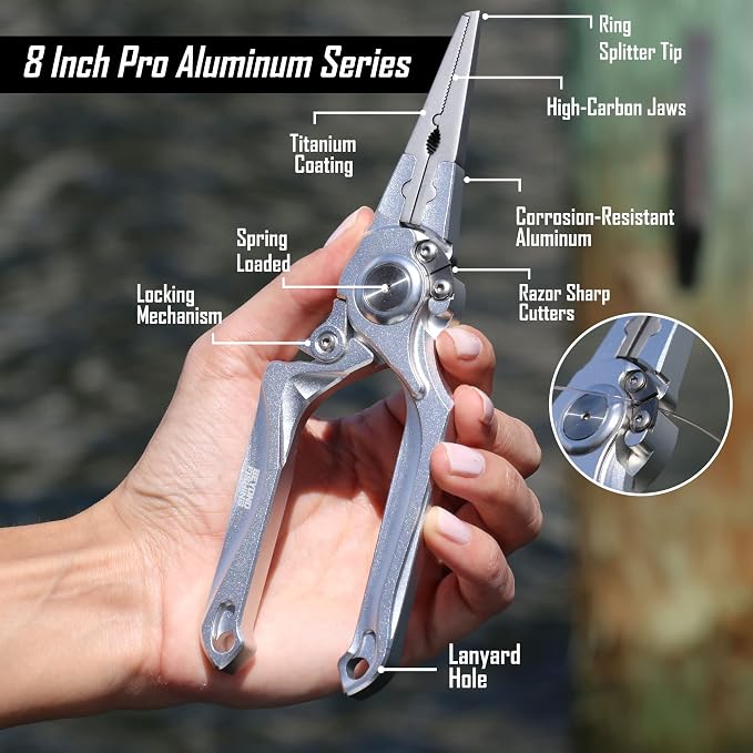 Beyond Fishing Pro Aluminum Series 8 Inch Multifunction Fishing Pliers, Saltwater Resistant Fishing Gear, Tungsten Carbide Cutters, Corrosion Resistant Teflon Coating with Sheath