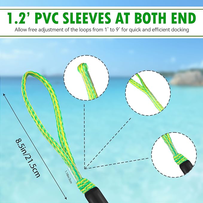 Boat Bungee Dock Lines – Adjustable Boat Tie Downs for Pontoon, Jet Ski, PWC, Kayak | Single Hook Small Cruiser Mooring Lines | (2, Green & Yellow, 4 Feet)
