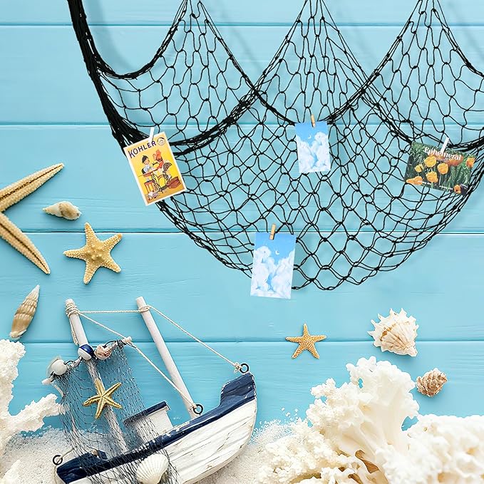 12 Pack Decorative Fish Netting for Party 80 x 40 Inch Natural Cotton Fish Net Decorations for Pirate Ocean Under The Sea Hawaiian Mermaid Party Picture Wall Hanging Decoration(Black)