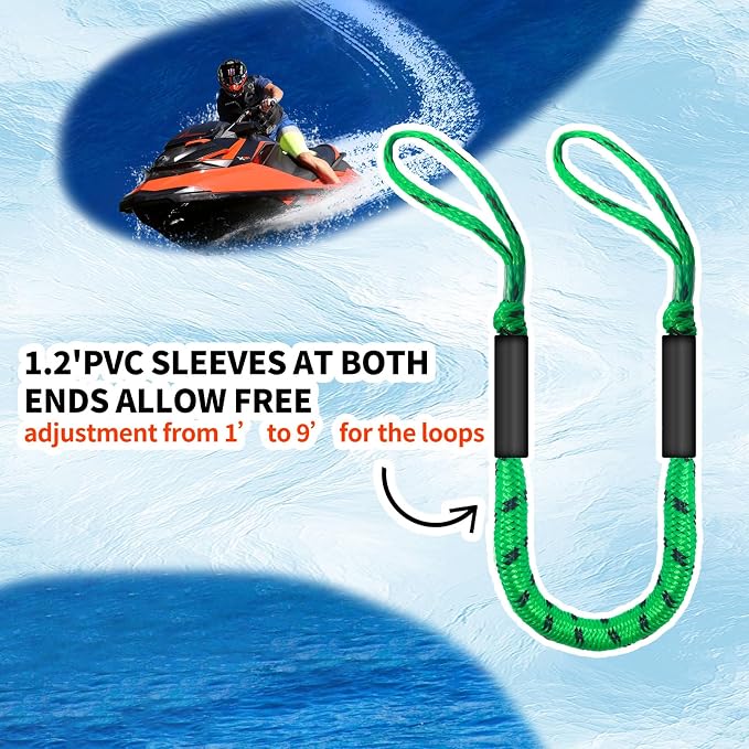 2-Pack Bungee Dock Lines for Boats with Loops, Boat Tie Downs for Docking, Adjustable Boat Mooring Rope for Pontoon, Jon Boat & PWC (Green & Black, 4 FT)
