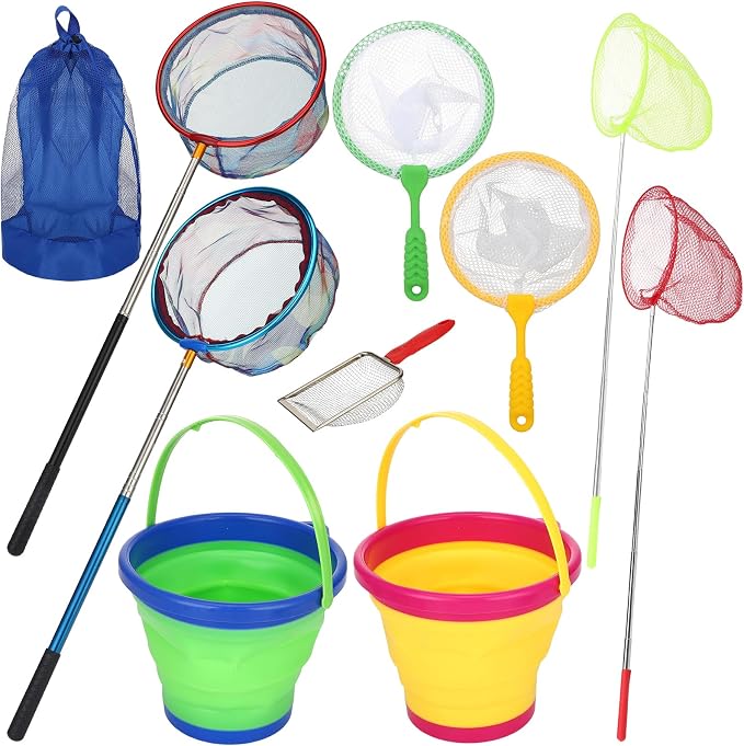2 Pack Telescopic Kids Fishing Net with Handle, 2 Collapsible Bucket Sand Pail, Stainless Steel Foldable Fishing Net Small Fishing Butterfly Bug Net Beach Shovel with Storage Bag