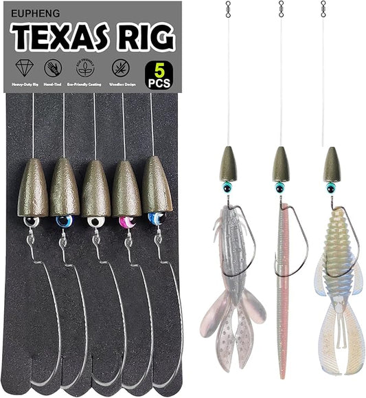 Eupheng Texas Rigs for Bass Fishing, Pre-Rigged Leader Line with Weights Hooks Barrel Swivel Kit Fishing Ready Texas Rig for Bass Perch 5PCS