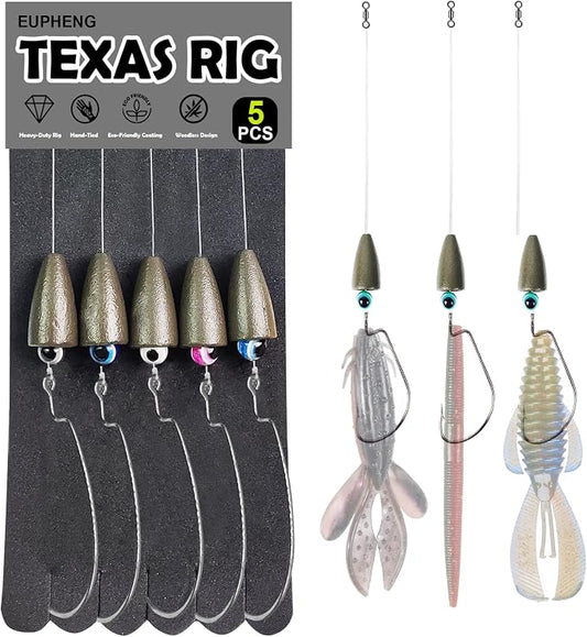 Eupheng Texas Rigs for Bass Fishing, Pre-Rigged Leader Line with Weights Hooks Barrel Swivel Kit Fishing Ready Texas Rig for Bass Perch 5PCS