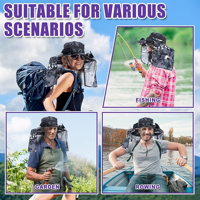 Chuarry Wide Brim Sun Hat with 2 Solar Fans and Neck Flap Outdoor Solar Powered USB Charging Bucket Fishing Hat for Men Women