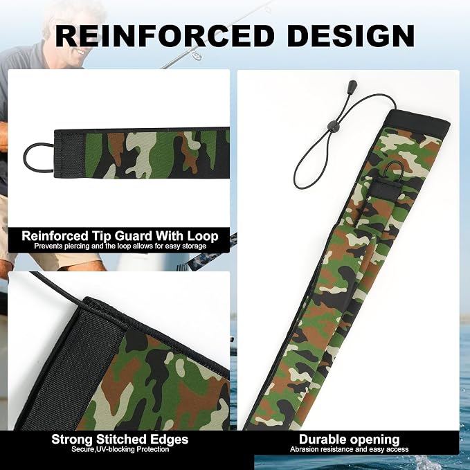 Neoprene Camo Fishing Rod Sleeves,Fishing Pole Sleeves,Fishing Rod Socks | UV Resistance,Puncture Resistant, Protect Casting, Spinning, Trolling Fishing Rods, Storage, tangled-free,75in,68in,60in