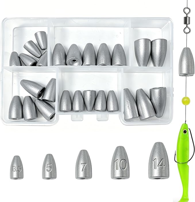 25PCS Fishing Weights Sinkers Kit Bullet Weights Bass Weights Worm Weights Slide Sinkers for Fishing Line Saltwater Freshwater