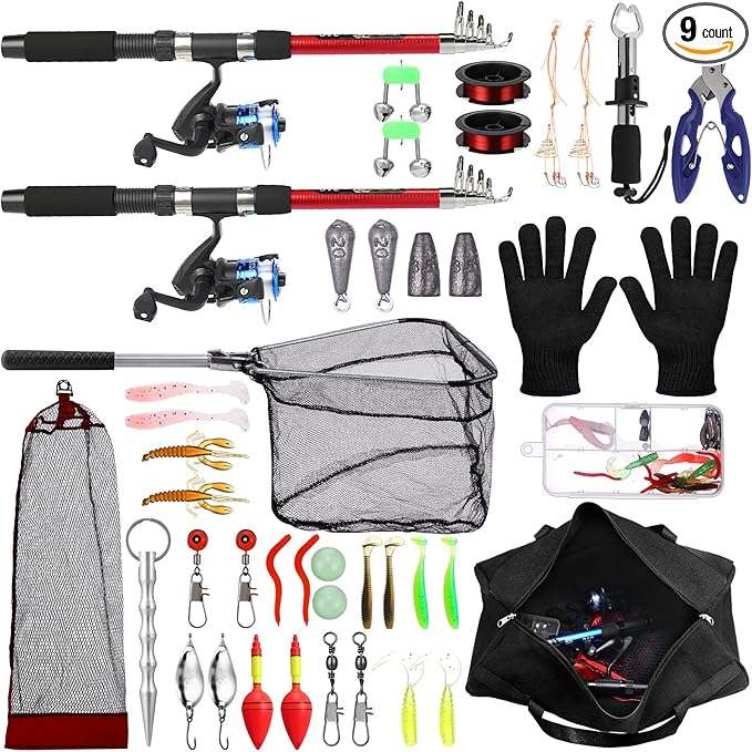 MiniInflat Telescopic Fishing Rod and Reel Combo, 6.89ft 2pcs Collapsible Rod with Plier Lip Gripper Lures Carrier Bag Pre-Loaded Spinning Reel Saltwater Freshwater Fishing Pole Kit