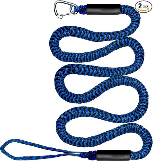 Bungee Dock Line with Stainless Steel Clip Boat Rope Mooring String with Foam Float for Docking,Kayak,Watercraft,SeaDoo,Pontoon,Canoe,Power Boat Accessory,7-10ft（Blue&Black,with One Hook）