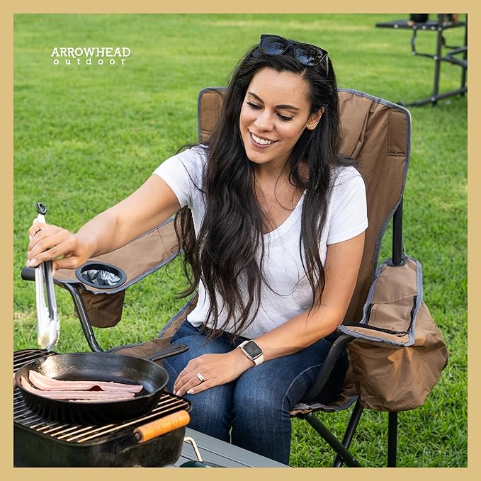 ARROWHEAD OUTDOOR Portable Deluxe Folding Camp Quad Chair w/Headrest, Glass & Cup Holders, Armest 6-can Cooler, Heavy Duty Carry Bag, 550 lbs Weight Capacity