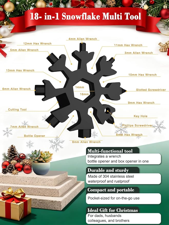 ZONICE 18-in-1 Snowflake Multi Tool – Stainless Steel with Bottle Opener & Wrench,Compact EDC Tool for Camping,Fishing,Hiking, Stocking Stuffers,Gifts for Men,Dad,Husband (Black)
