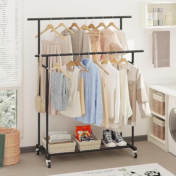 Calmootey Double Rod Clothing Garment Rack,Rolling Hanging Clothes Rack,Portable Clothes Organizer for Bedroom,Living Room,Clothing Store,Black